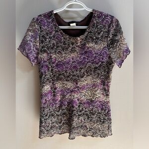 Vintage 90s/Y2K Brittany Black Abstract Iridescent Lettuce Hem Blouse Women’s M‎